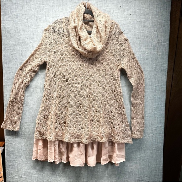 Flying Tomato Sweaters - NITT By Flying Tomato Boho Crochet Lace Cowl Neck Tunic Sweater Lined Tan Large